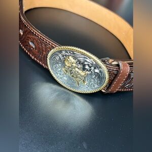 3D Brand 1.25″ Brown Kids’ Western Genuine Leather Belt Bullrider Buckle GUC